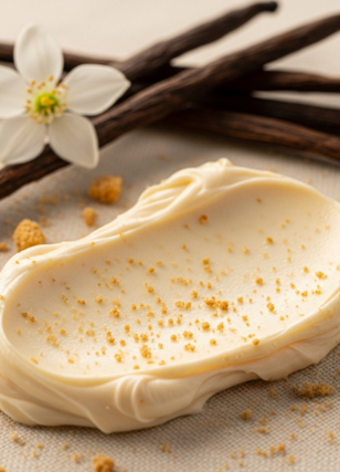 Vanilla cream with vanilla beans, cookie crumble and flowers on a light background